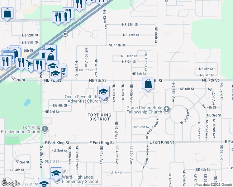 map of restaurants, bars, coffee shops, grocery stores, and more near 304-516 Northeast 43rd Avenue in Ocala