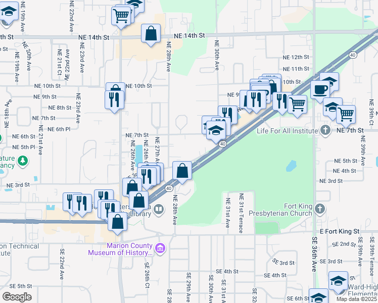 map of restaurants, bars, coffee shops, grocery stores, and more near 2839 Northeast 3rd Street in Ocala