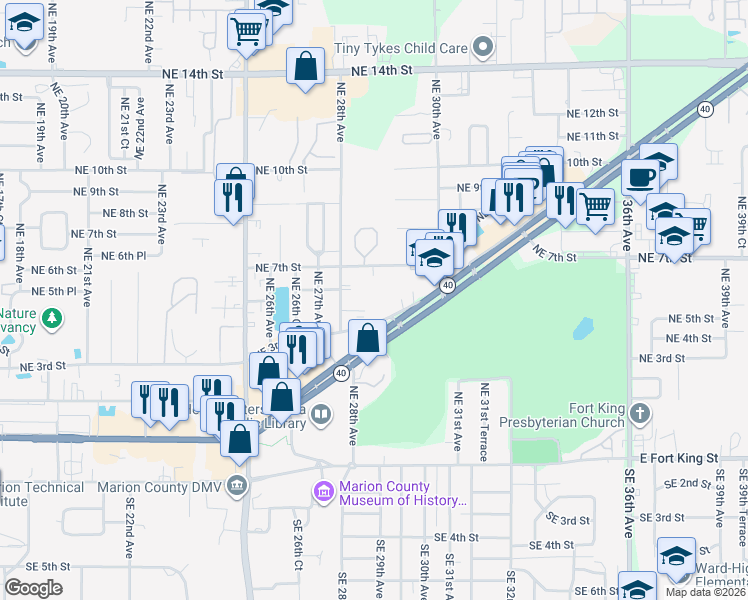 map of restaurants, bars, coffee shops, grocery stores, and more near 2839 Northeast 3rd Street in Ocala