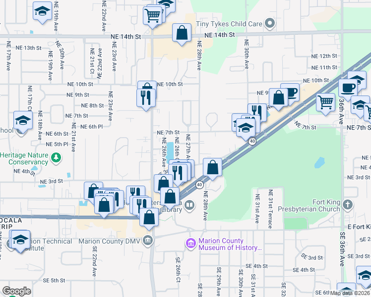 map of restaurants, bars, coffee shops, grocery stores, and more near 409 Northeast 26th Court in Ocala