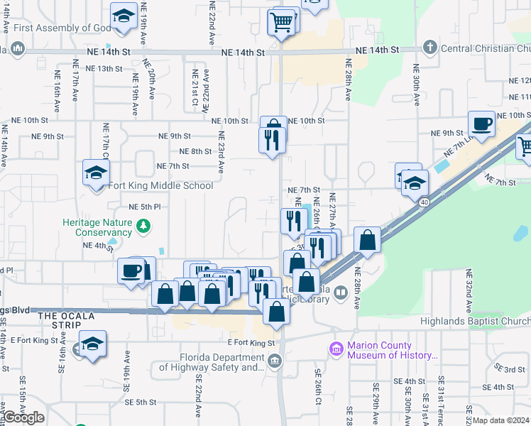 map of restaurants, bars, coffee shops, grocery stores, and more near 550 Northeast 25th Avenue in Ocala