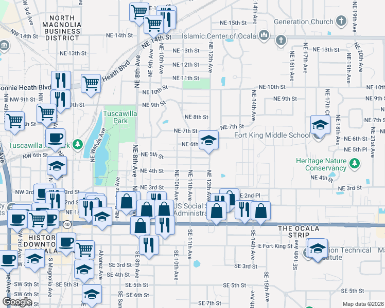 map of restaurants, bars, coffee shops, grocery stores, and more near 1108 Northeast 5th Street in Ocala