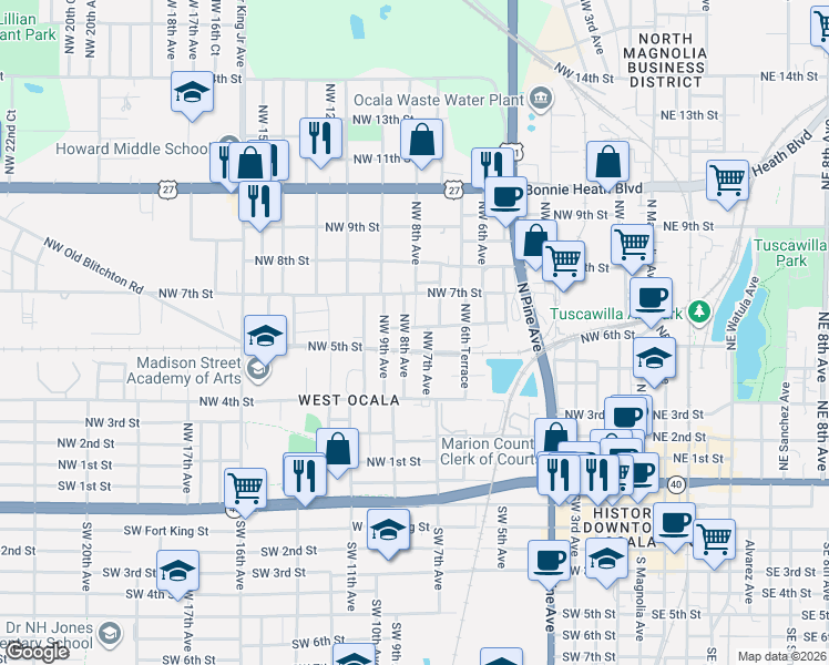 map of restaurants, bars, coffee shops, grocery stores, and more near 504 Northwest 8th Avenue in Ocala