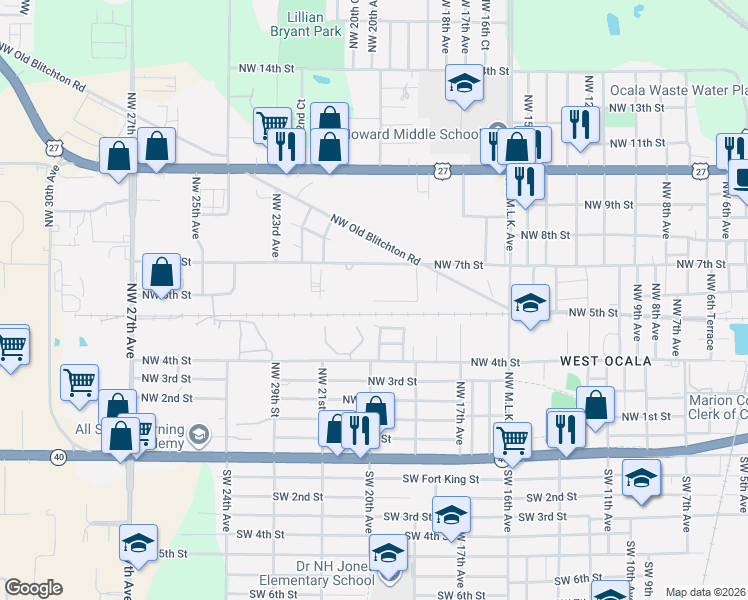 map of restaurants, bars, coffee shops, grocery stores, and more near 1953 Northwest 5th Street in Ocala
