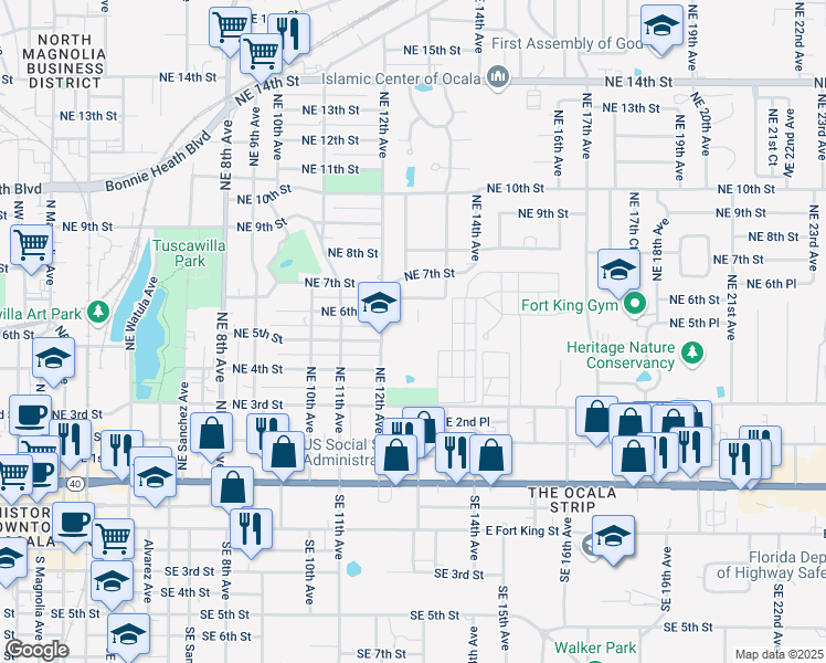 map of restaurants, bars, coffee shops, grocery stores, and more near 511 Northeast 12th Avenue in Ocala