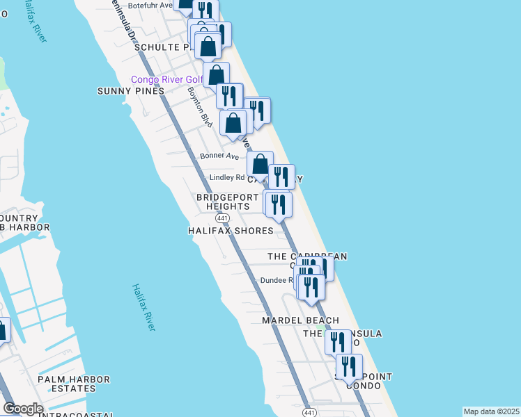 map of restaurants, bars, coffee shops, grocery stores, and more near 122 Minerva Road in Daytona Beach