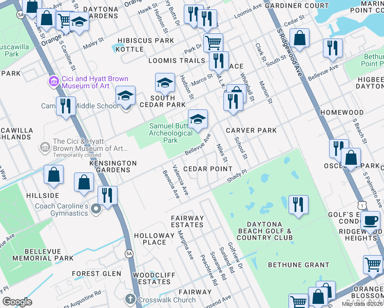 map of restaurants, bars, coffee shops, grocery stores, and more near 901 Lora Street in Daytona Beach