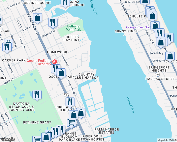 map of restaurants, bars, coffee shops, grocery stores, and more near 1225 South Beach Street in Daytona Beach