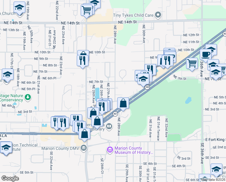 map of restaurants, bars, coffee shops, grocery stores, and more near 406 Northeast 28th Avenue in Ocala