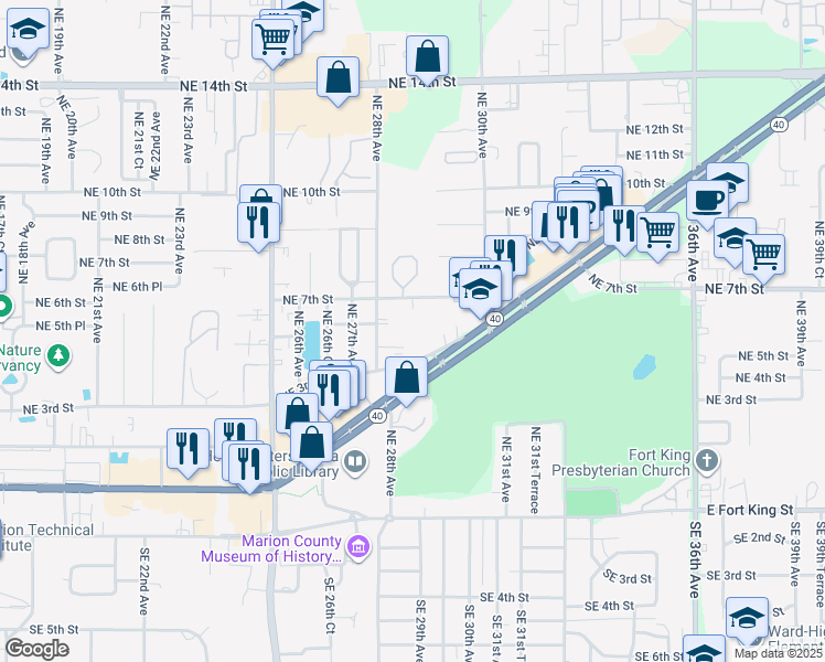 map of restaurants, bars, coffee shops, grocery stores, and more near 2843 Northeast 3rd Street in Ocala