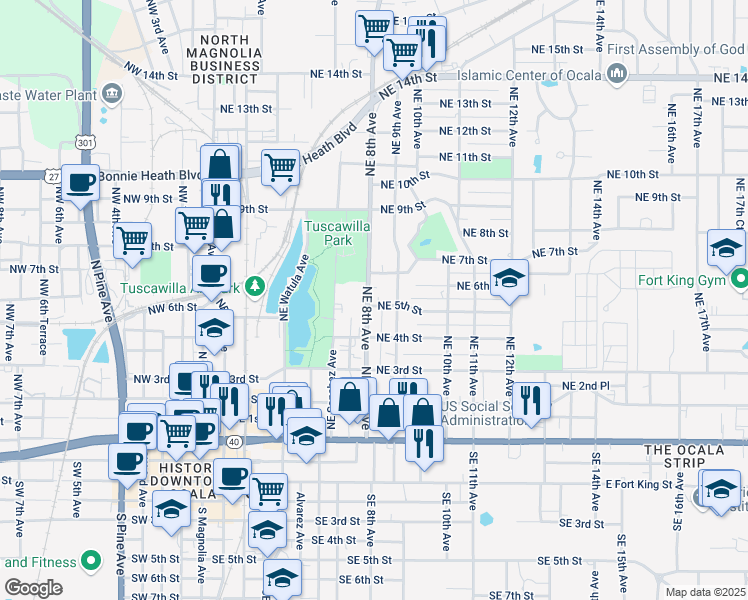 map of restaurants, bars, coffee shops, grocery stores, and more near 507 Northeast 8th Avenue in Ocala