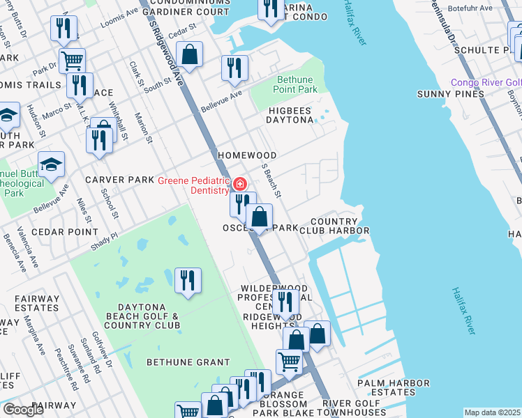 map of restaurants, bars, coffee shops, grocery stores, and more near 207 Francis Parkman Place in Daytona Beach