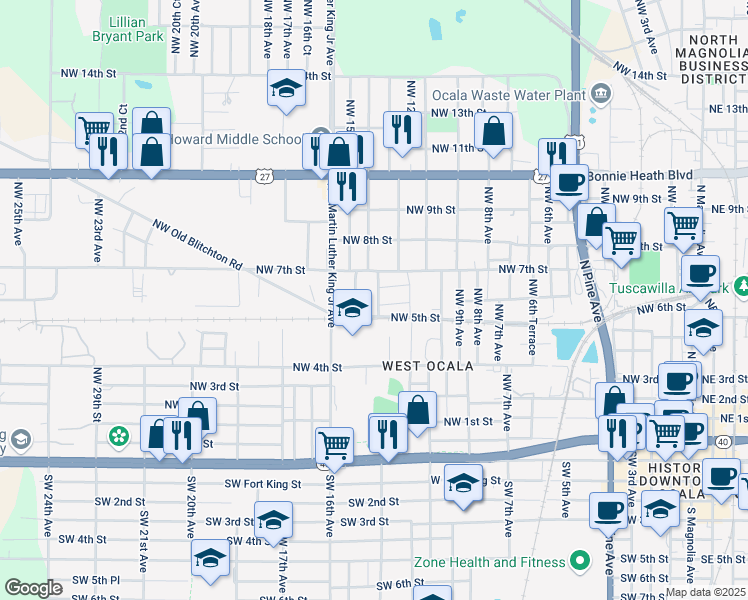 map of restaurants, bars, coffee shops, grocery stores, and more near 524 Northwest 13th Terrace in Ocala
