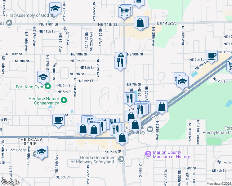 map of restaurants, bars, coffee shops, grocery stores, and more near 2418 Northeast 7th Street in Ocala