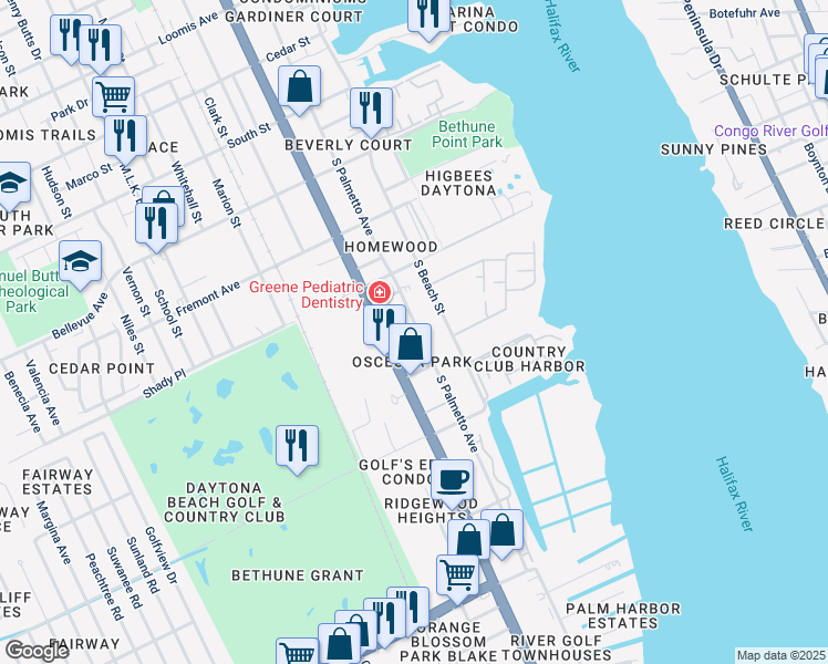 map of restaurants, bars, coffee shops, grocery stores, and more near 207 Francis Parkman Place in Daytona Beach