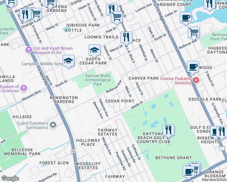 map of restaurants, bars, coffee shops, grocery stores, and more near in Daytona Beach