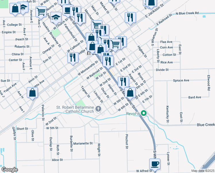 map of restaurants, bars, coffee shops, grocery stores, and more near 212 Alamo Street in El Campo