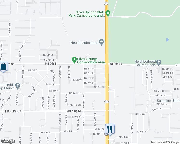 map of restaurants, bars, coffee shops, grocery stores, and more near 5601 Northeast 5th Place in Ocala