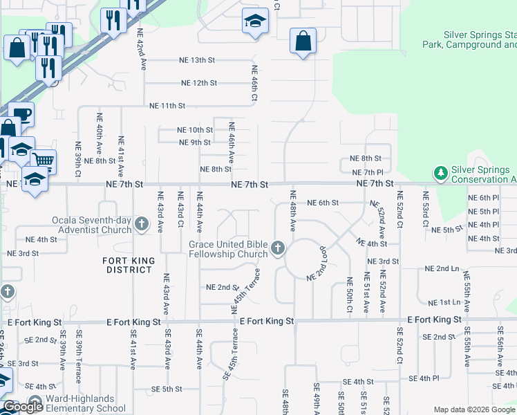map of restaurants, bars, coffee shops, grocery stores, and more near 4642 Northeast 7th Street in Ocala