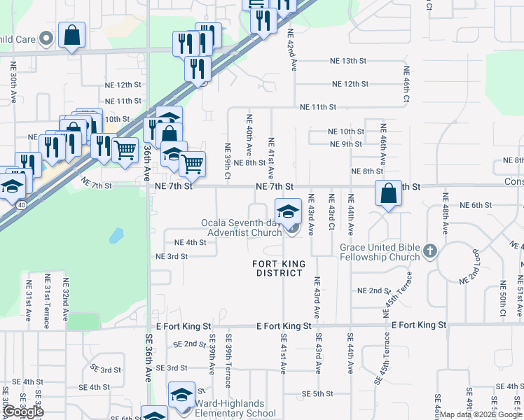 map of restaurants, bars, coffee shops, grocery stores, and more near 4015 Northeast 6th Place in Ocala