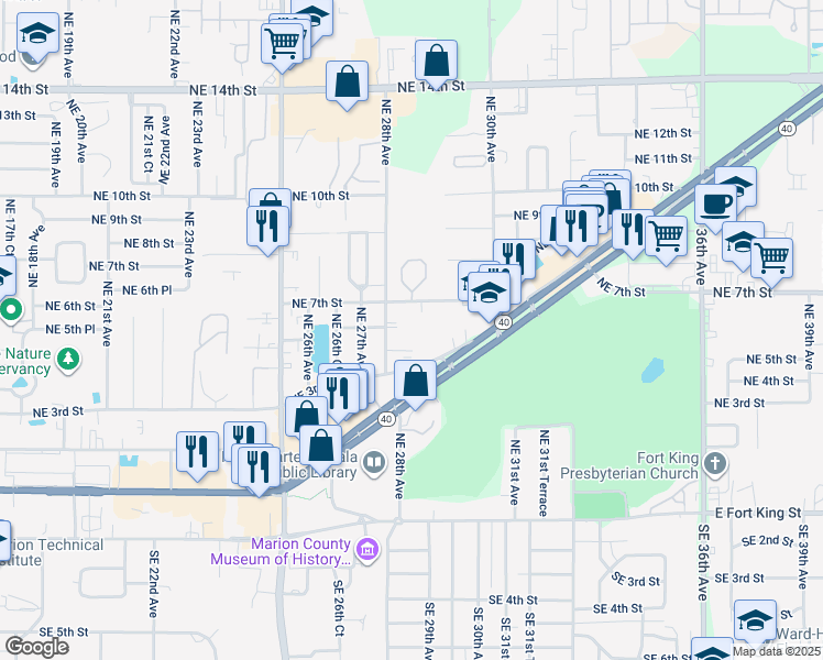 map of restaurants, bars, coffee shops, grocery stores, and more near 2828 Northeast 7th Street in Ocala