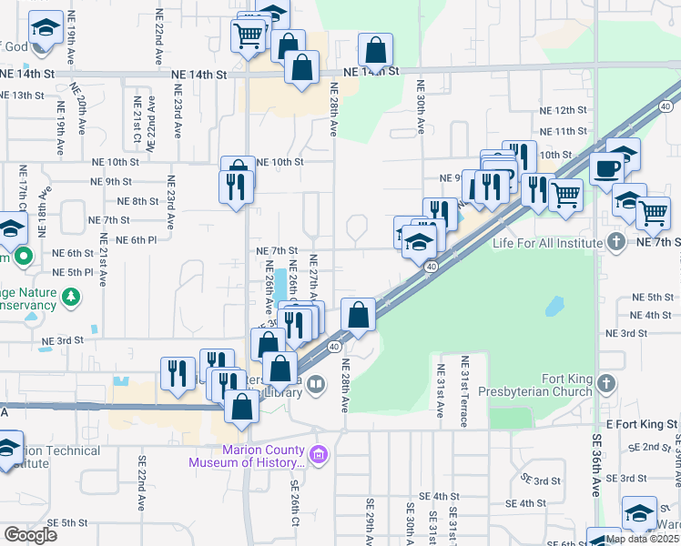map of restaurants, bars, coffee shops, grocery stores, and more near 2723 Northeast 6th Street in Ocala