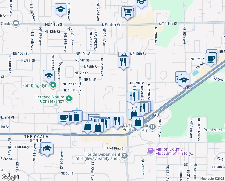 map of restaurants, bars, coffee shops, grocery stores, and more near 2438 Northeast 7th Street in Ocala