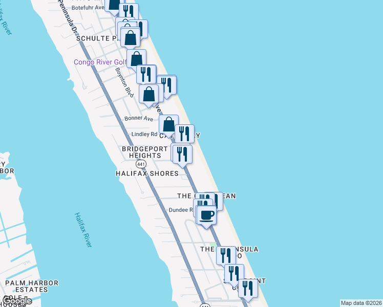 map of restaurants, bars, coffee shops, grocery stores, and more near 2301 S Atlantic Ave in Daytona Beach