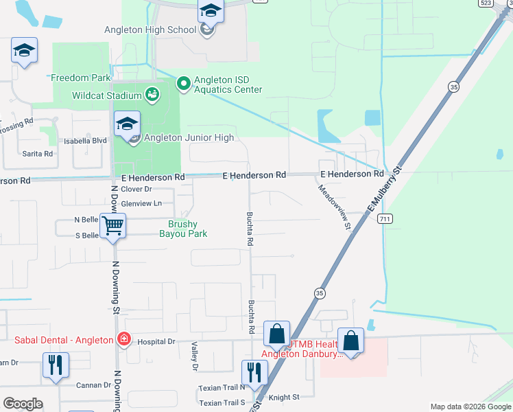 map of restaurants, bars, coffee shops, grocery stores, and more near 2358 Buchta Road in Angleton