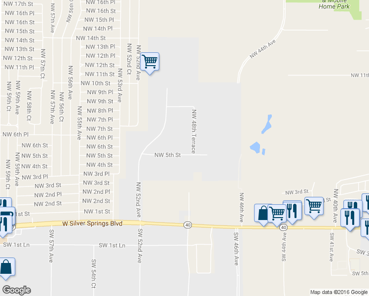 map of restaurants, bars, coffee shops, grocery stores, and more near 4901 Northwest 5th Street in Ocala