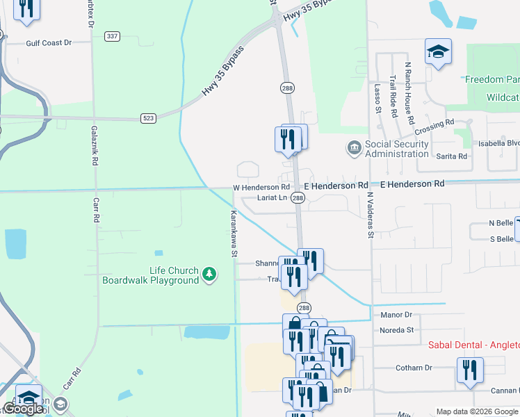 map of restaurants, bars, coffee shops, grocery stores, and more near 120 Lariat Lane in Angleton