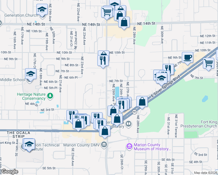 map of restaurants, bars, coffee shops, grocery stores, and more near 2520 Northeast 7th Street in Ocala