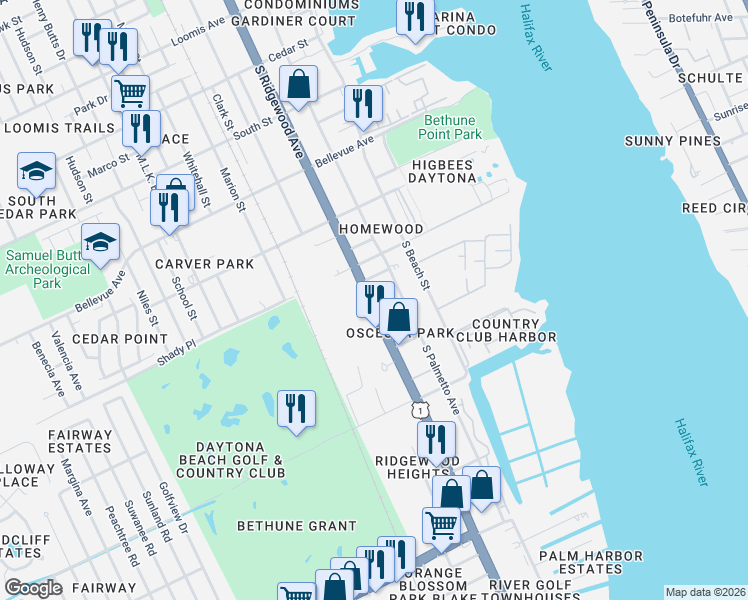 map of restaurants, bars, coffee shops, grocery stores, and more near 1020 South Ridgewood Avenue in Daytona Beach