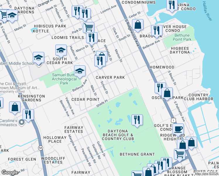 map of restaurants, bars, coffee shops, grocery stores, and more near 912 Sycamore Street in Daytona Beach
