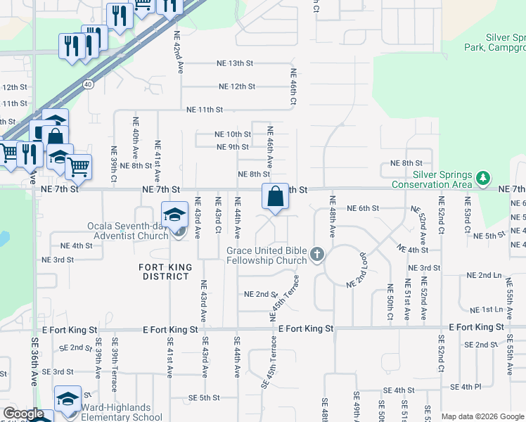 map of restaurants, bars, coffee shops, grocery stores, and more near 4604 Northeast 7th Street in Ocala