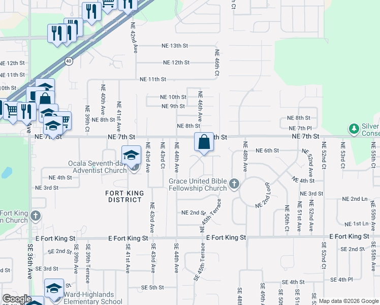 map of restaurants, bars, coffee shops, grocery stores, and more near 581 Northeast 44th Avenue in Ocala