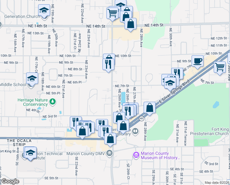 map of restaurants, bars, coffee shops, grocery stores, and more near 2520 Northeast 7th Street in Ocala