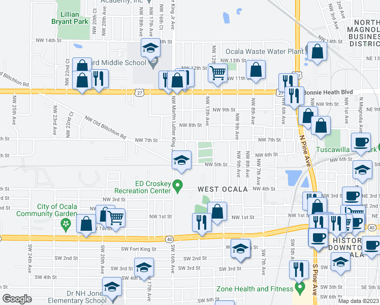 map of restaurants, bars, coffee shops, grocery stores, and more near 524 Northwest 13th Terrace in Ocala