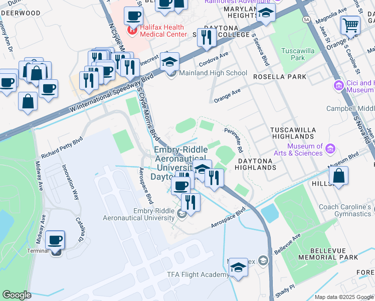 map of restaurants, bars, coffee shops, grocery stores, and more near 501 South Clyde Morris Boulevard in Daytona Beach