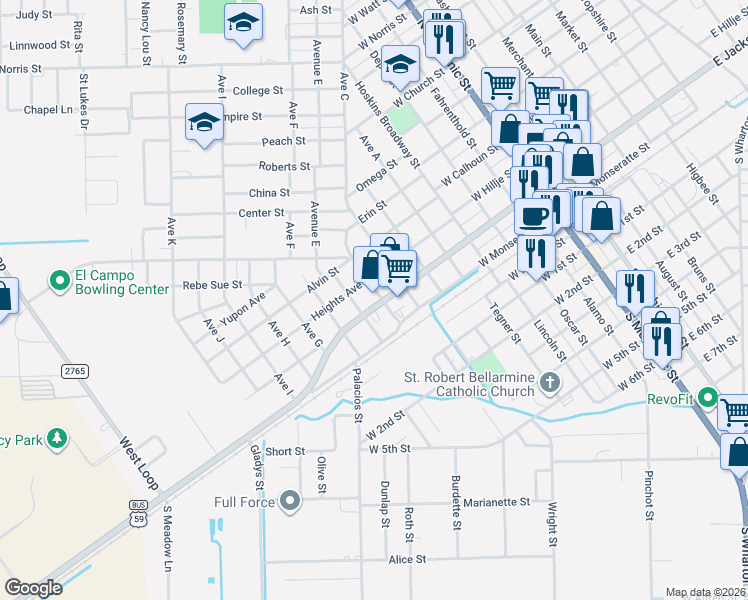 map of restaurants, bars, coffee shops, grocery stores, and more near 802 West Jackson Street in El Campo