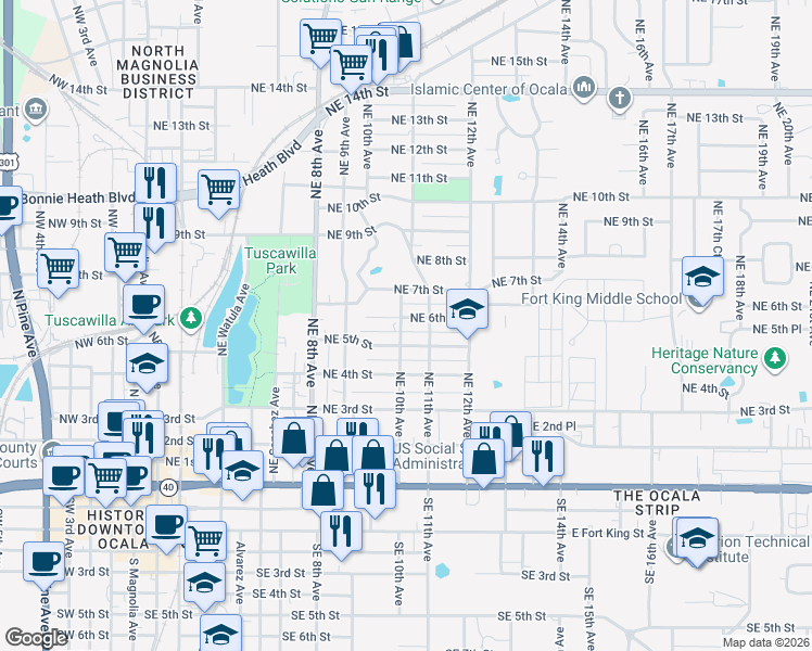 map of restaurants, bars, coffee shops, grocery stores, and more near 961 Northeast 6th Street in Ocala