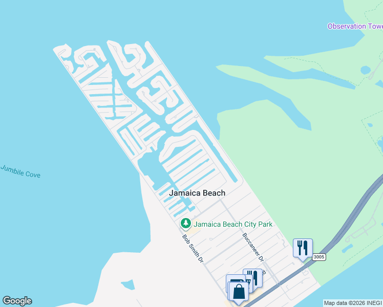 map of restaurants, bars, coffee shops, grocery stores, and more near 16514 Bahama Way in Jamaica Beach