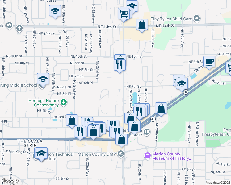 map of restaurants, bars, coffee shops, grocery stores, and more near 2442 Northeast 7th Street in Ocala