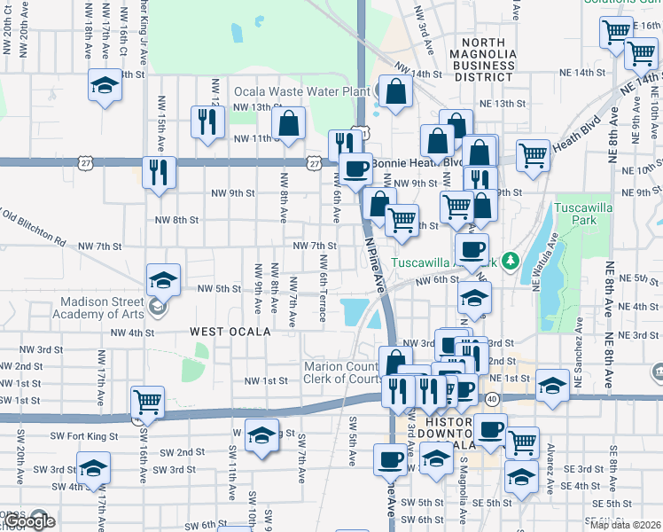 map of restaurants, bars, coffee shops, grocery stores, and more near 626 Northwest 6th Avenue in Ocala