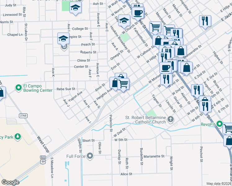 map of restaurants, bars, coffee shops, grocery stores, and more near 802 West Jackson Street in El Campo