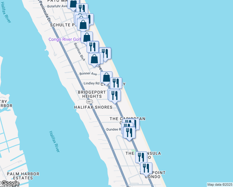 map of restaurants, bars, coffee shops, grocery stores, and more near 2301 South Atlantic Avenue in Daytona Beach