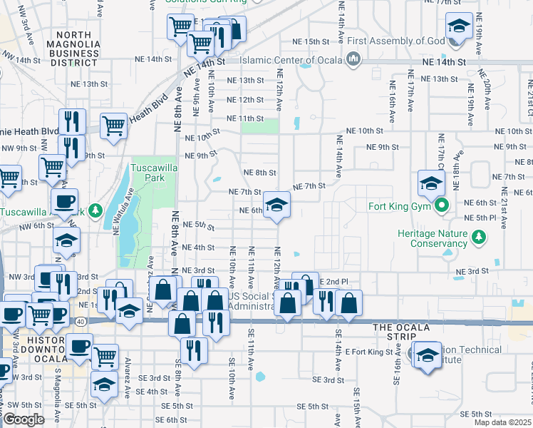 map of restaurants, bars, coffee shops, grocery stores, and more near 1124 Northeast 6th Street in Ocala