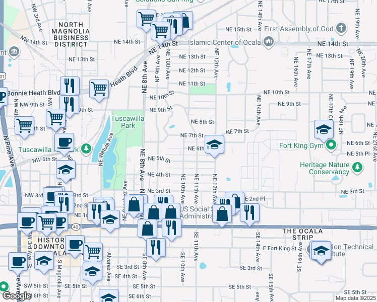map of restaurants, bars, coffee shops, grocery stores, and more near 1016 Northeast 6th Street in Ocala