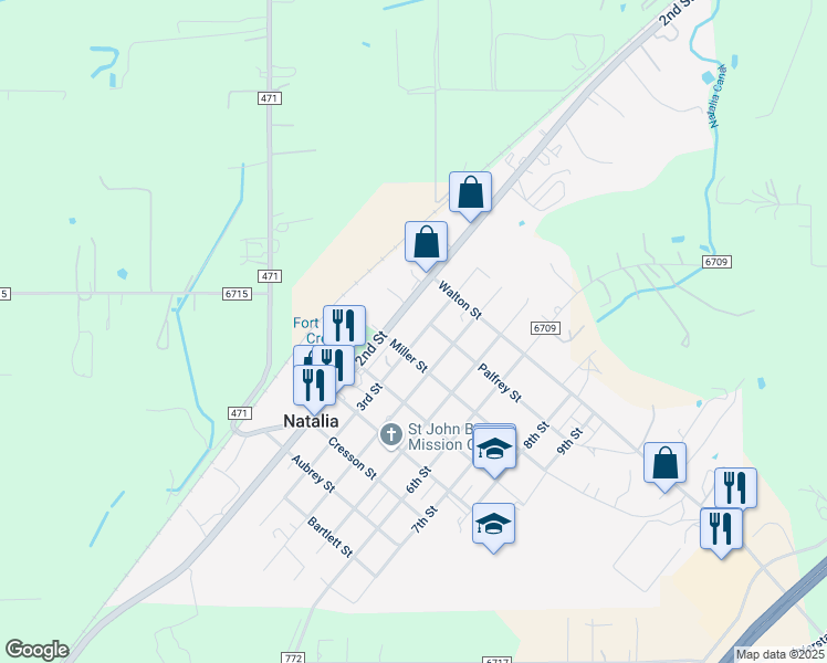 map of restaurants, bars, coffee shops, grocery stores, and more near 2048 Texas 132 in Natalia