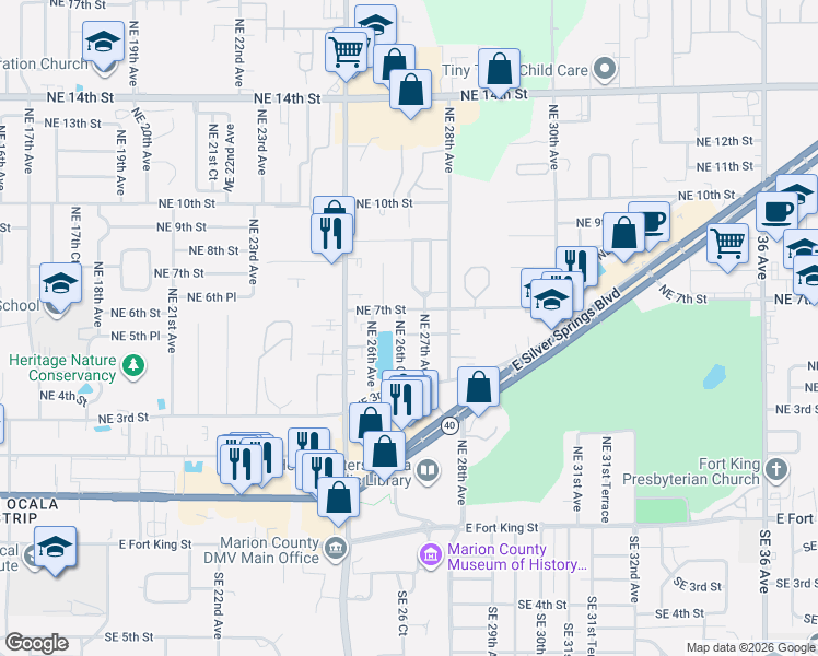map of restaurants, bars, coffee shops, grocery stores, and more near 661 Northeast 26th Court in Ocala